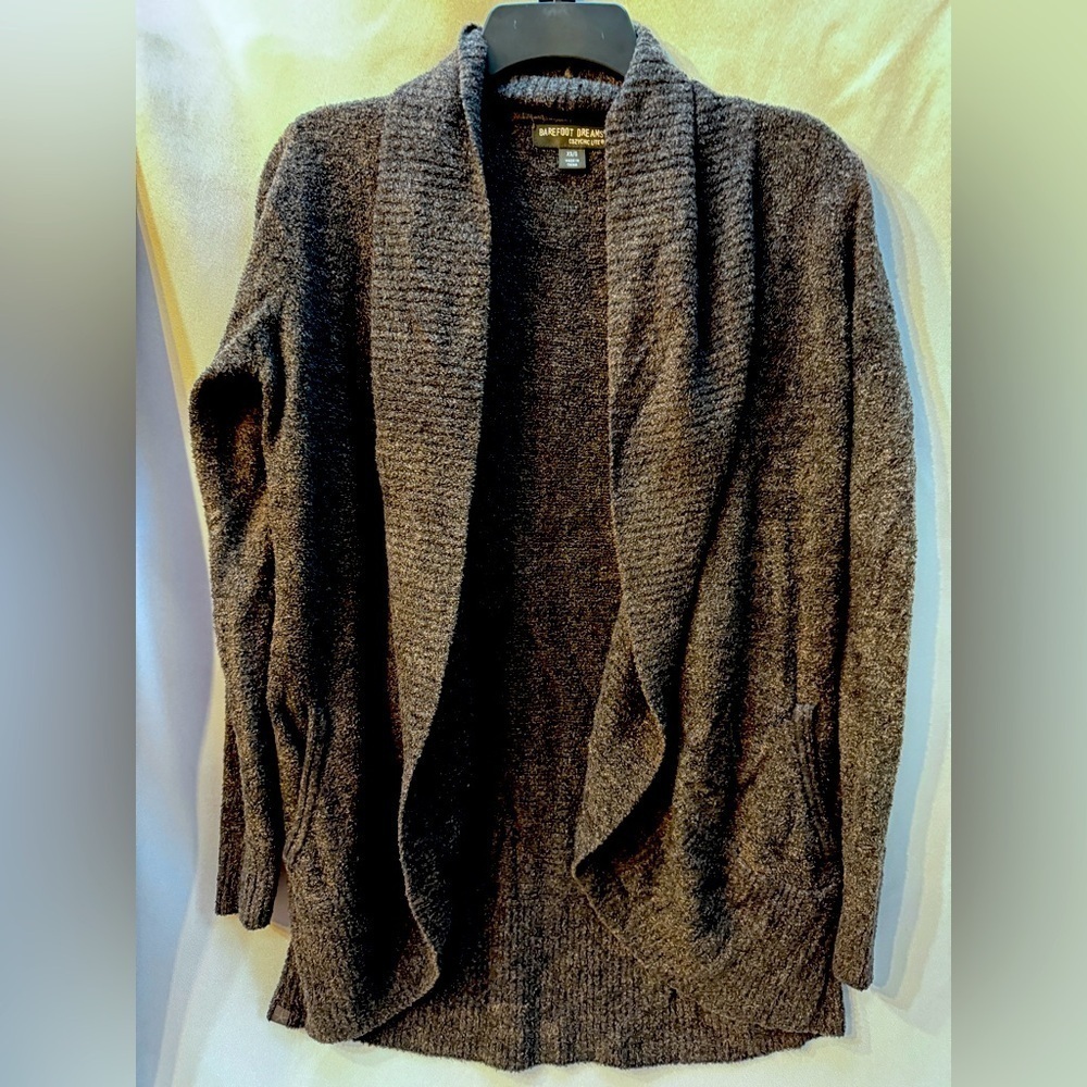 Barefoot Dreams Cozy Chic Lite black boucle knit soft fuzzy open front cardigan
